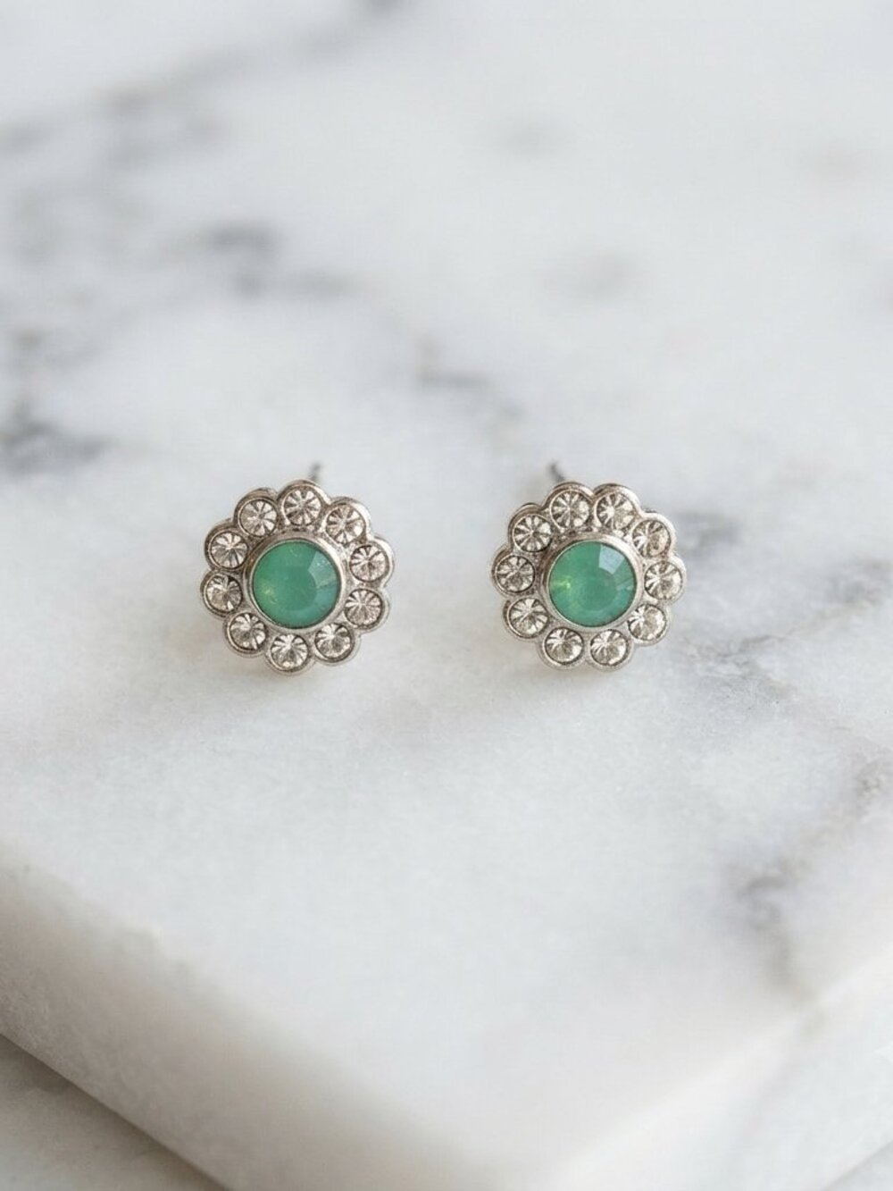 Dainty Floral Halo Stud Earrings Silver Tone